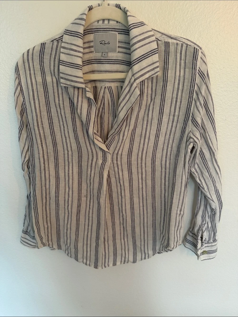 Rails Striped Linen-Blend Button Down Shirt in White and Blue - Picture 1 of 3
